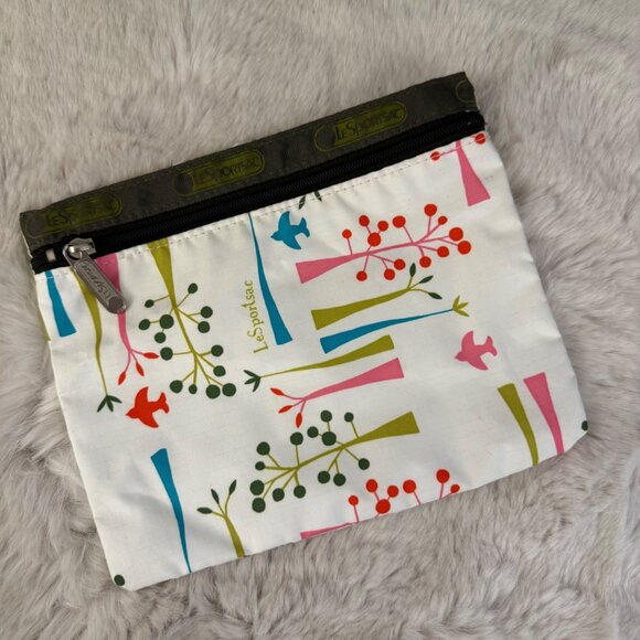 LeSportsac Zippered Pouch With Abstract Blue Pink Olive Tree & Bird Print - Picture 1 of 7
